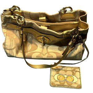 Coach Beige Signature Handbag & Wallet Set With Gold Accents